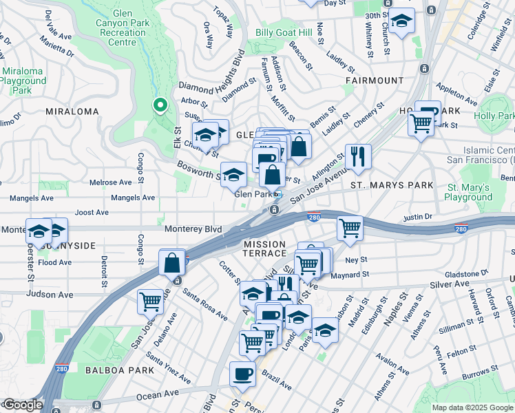 map of restaurants, bars, coffee shops, grocery stores, and more near 2960 Diamond Street in San Francisco