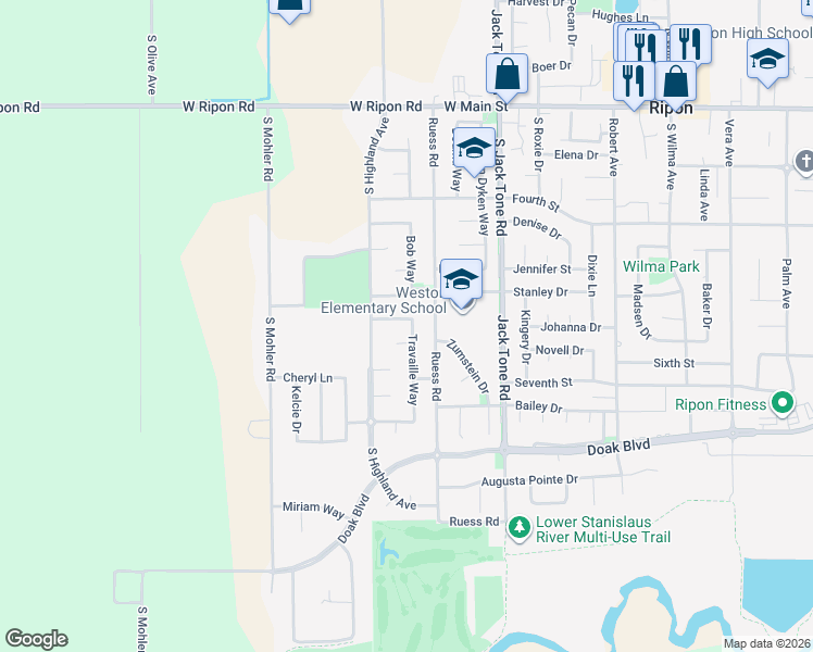 map of restaurants, bars, coffee shops, grocery stores, and more near 1720 Ruth Drive in Ripon