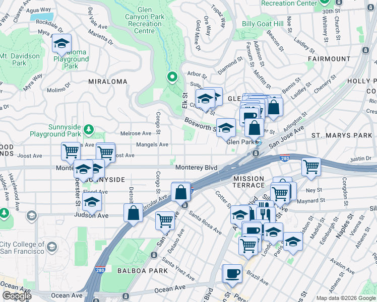 map of restaurants, bars, coffee shops, grocery stores, and more near 166 Joost Avenue in San Francisco