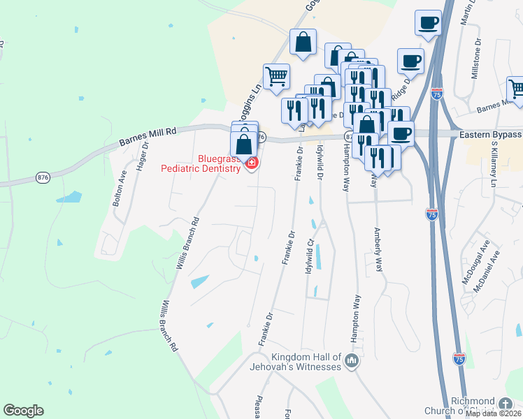 map of restaurants, bars, coffee shops, grocery stores, and more near 165 Meridian Way in Richmond