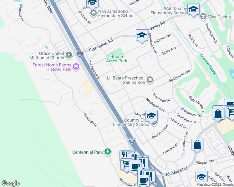 map of restaurants, bars, coffee shops, grocery stores, and more near 9669 Tareyton Avenue in San Ramon