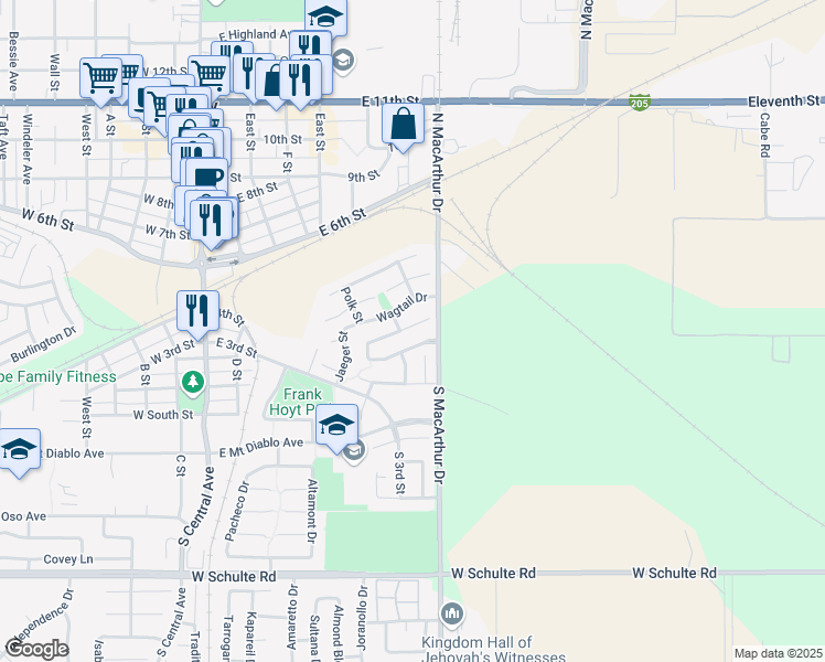map of restaurants, bars, coffee shops, grocery stores, and more near 538 Czerny Street in Tracy