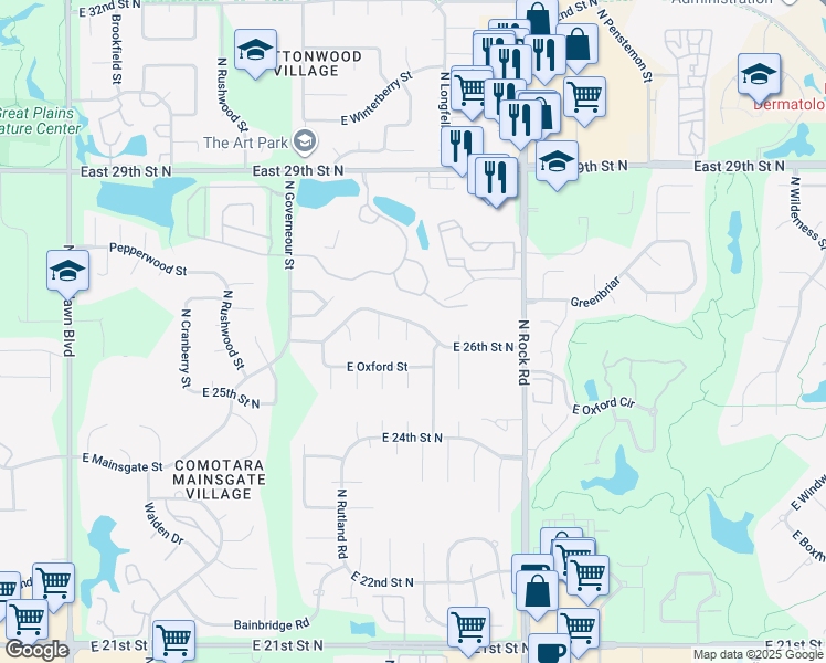 map of restaurants, bars, coffee shops, grocery stores, and more near 7627 East 26th Street North in Wichita