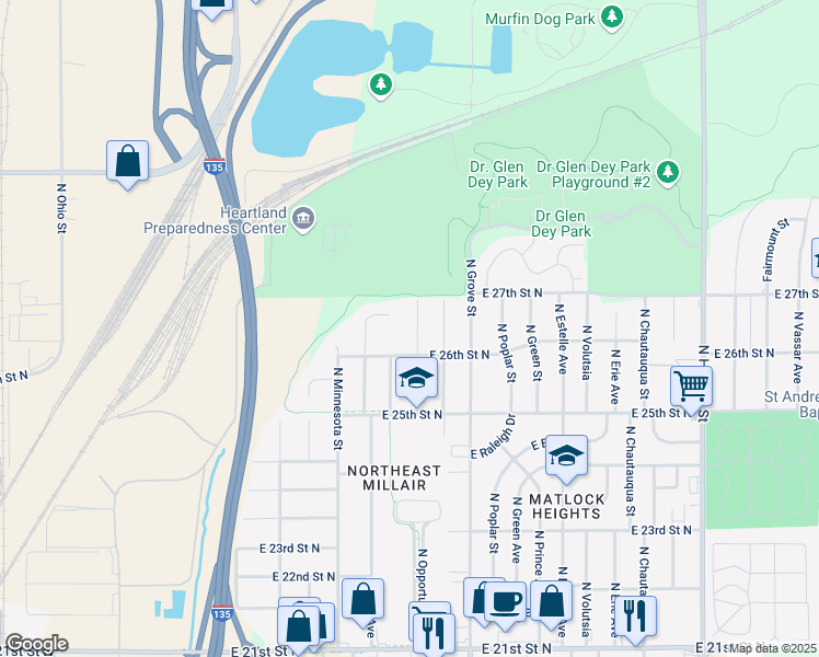 map of restaurants, bars, coffee shops, grocery stores, and more near 2715 North Madison Avenue in Wichita