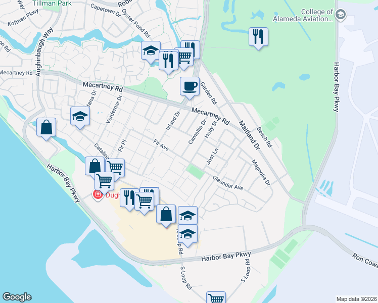 map of restaurants, bars, coffee shops, grocery stores, and more near 1080 Camellia Drive in Alameda