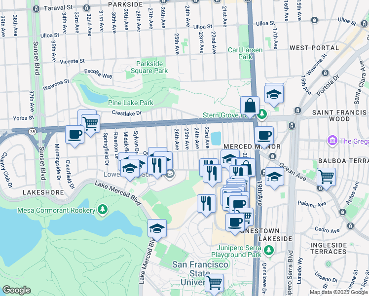 map of restaurants, bars, coffee shops, grocery stores, and more near 2991 25th Avenue in San Francisco