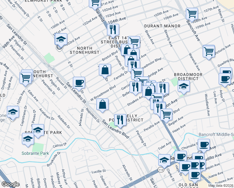 map of restaurants, bars, coffee shops, grocery stores, and more near 297 Garcia Avenue in San Leandro