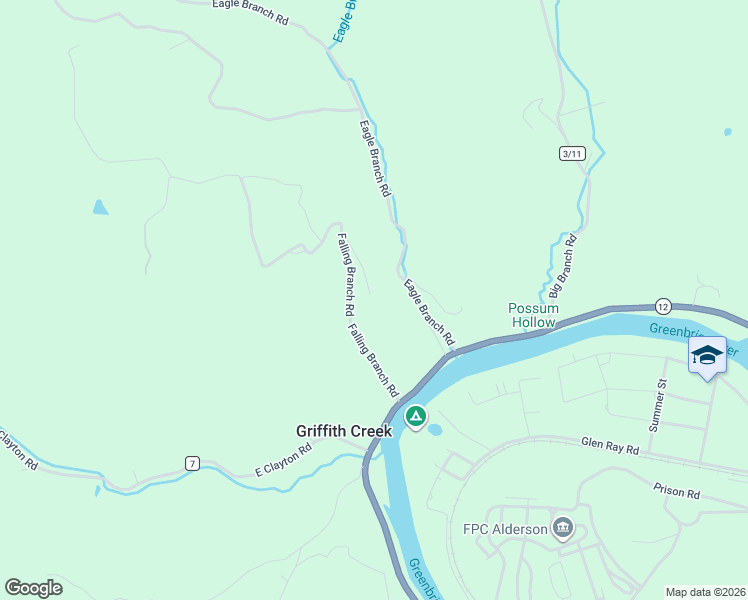 map of restaurants, bars, coffee shops, grocery stores, and more near 445 Falling Branch Road in Alderson