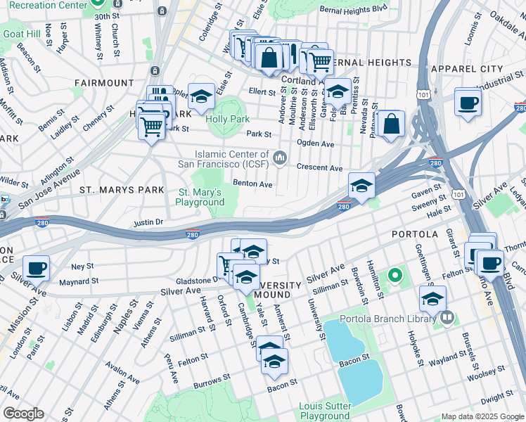 map of restaurants, bars, coffee shops, grocery stores, and more near 937 Ellsworth Street in San Francisco