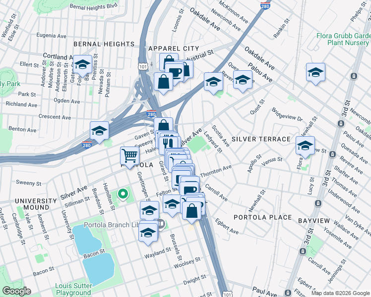 map of restaurants, bars, coffee shops, grocery stores, and more near 901 Bayshore Boulevard in San Francisco