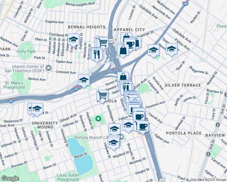 map of restaurants, bars, coffee shops, grocery stores, and more near 116 Hale Street in San Francisco