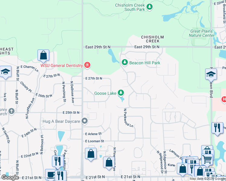 map of restaurants, bars, coffee shops, grocery stores, and more near 2704 N Battin St in Wichita
