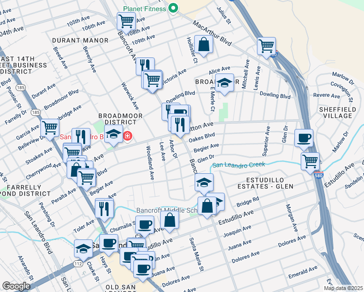 map of restaurants, bars, coffee shops, grocery stores, and more near 591 Oakes Boulevard in San Leandro