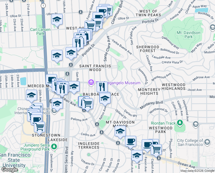 map of restaurants, bars, coffee shops, grocery stores, and more near 1601 Monterey Boulevard in San Francisco