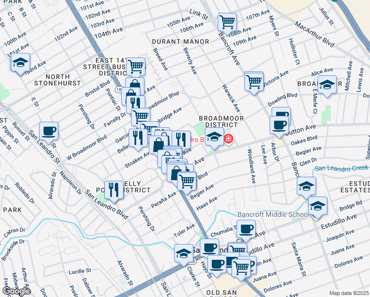 map of restaurants, bars, coffee shops, grocery stores, and more near 83 Euclid Avenue in San Leandro