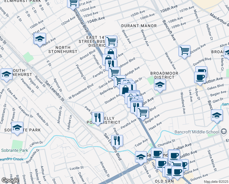 map of restaurants, bars, coffee shops, grocery stores, and more near 182 Stoakes Avenue in San Leandro