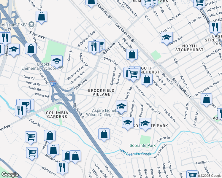 map of restaurants, bars, coffee shops, grocery stores, and more near 415 Hale Avenue in Oakland