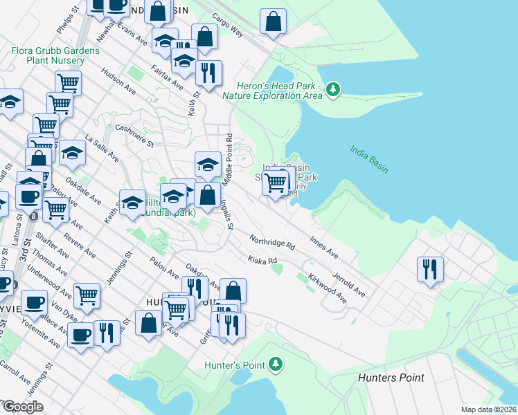 map of restaurants, bars, coffee shops, grocery stores, and more near 981 Innes Avenue in San Francisco