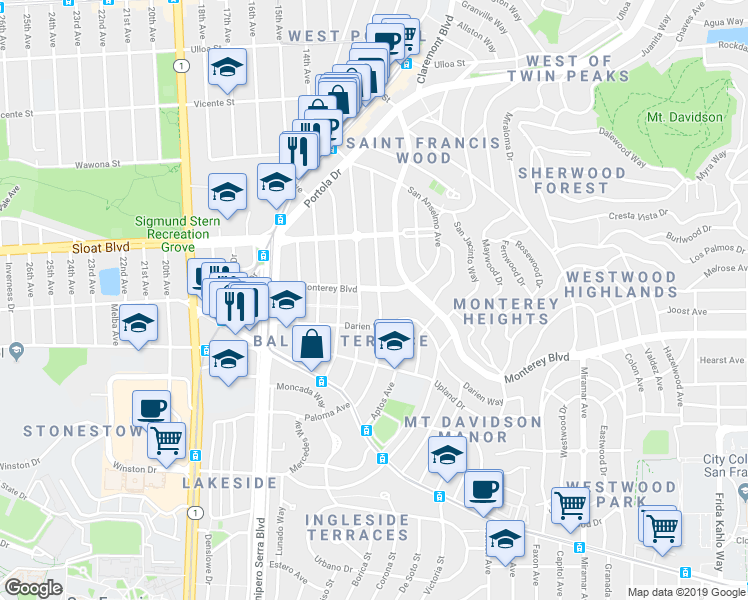map of restaurants, bars, coffee shops, grocery stores, and more near in San Francisco