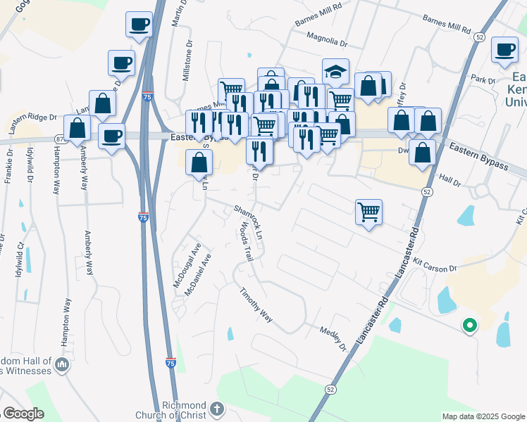 map of restaurants, bars, coffee shops, grocery stores, and more near 200 Shamrock Lane in Richmond