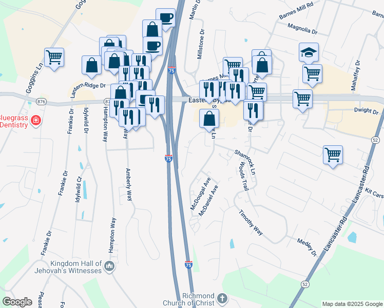 map of restaurants, bars, coffee shops, grocery stores, and more near 120 Manna Drive in Richmond