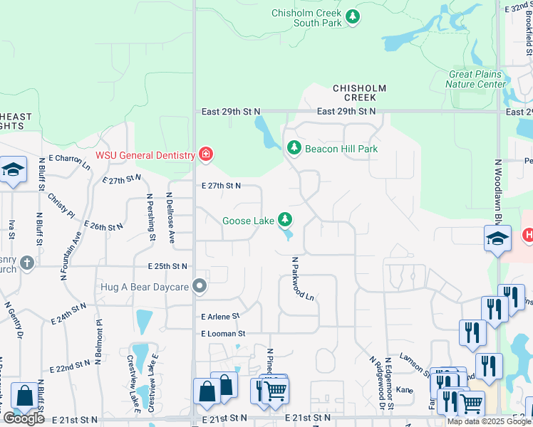 map of restaurants, bars, coffee shops, grocery stores, and more near 2704 N Battin St in Wichita