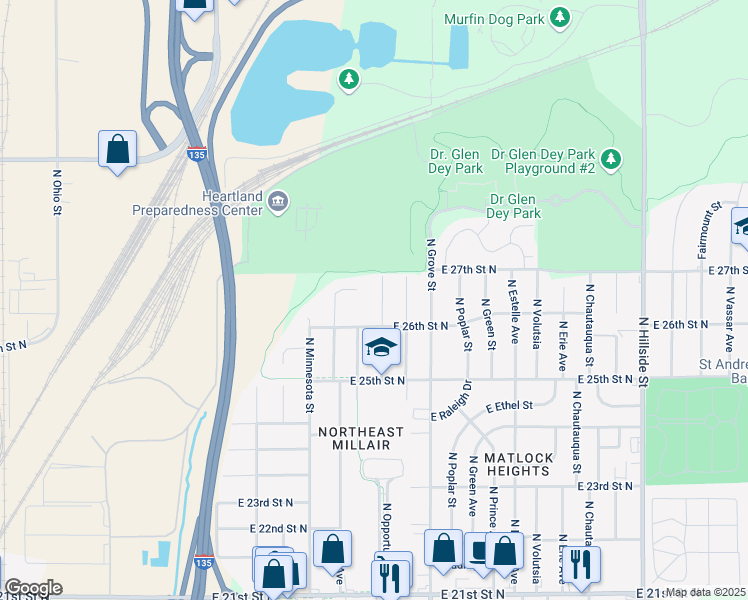 map of restaurants, bars, coffee shops, grocery stores, and more near 2715 North Madison Avenue in Wichita