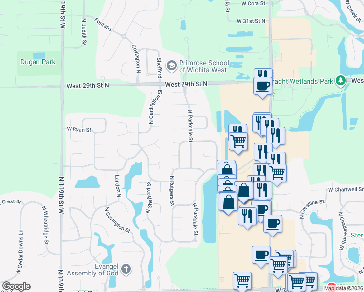 map of restaurants, bars, coffee shops, grocery stores, and more near 2723 North Parkdale Street in Wichita
