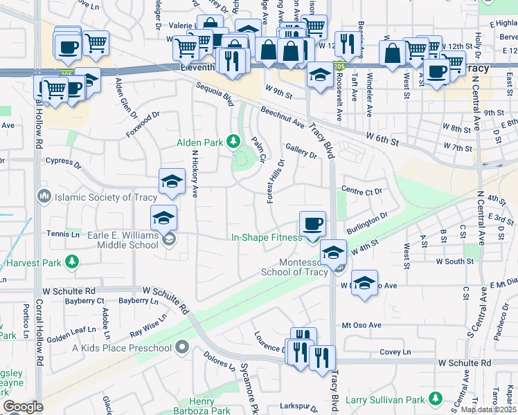 map of restaurants, bars, coffee shops, grocery stores, and more near 280 Clubhouse Way in Tracy