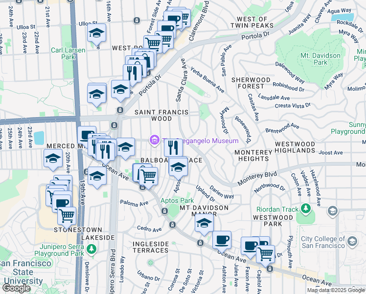 map of restaurants, bars, coffee shops, grocery stores, and more near 1601 Monterey Boulevard in San Francisco