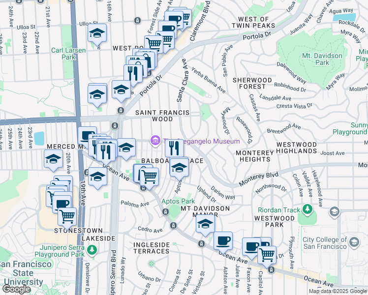 map of restaurants, bars, coffee shops, grocery stores, and more near 1601 Monterey Boulevard in San Francisco