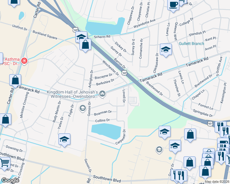 map of restaurants, bars, coffee shops, grocery stores, and more near 2156 Tamarack Road in Owensboro