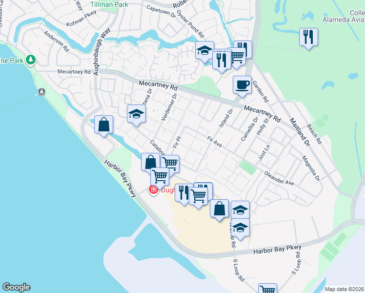 map of restaurants, bars, coffee shops, grocery stores, and more near 3170 Phoenix Lane in Alameda