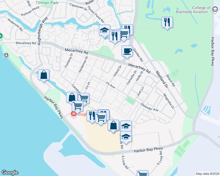 map of restaurants, bars, coffee shops, grocery stores, and more near 3314 Fir Avenue in Alameda