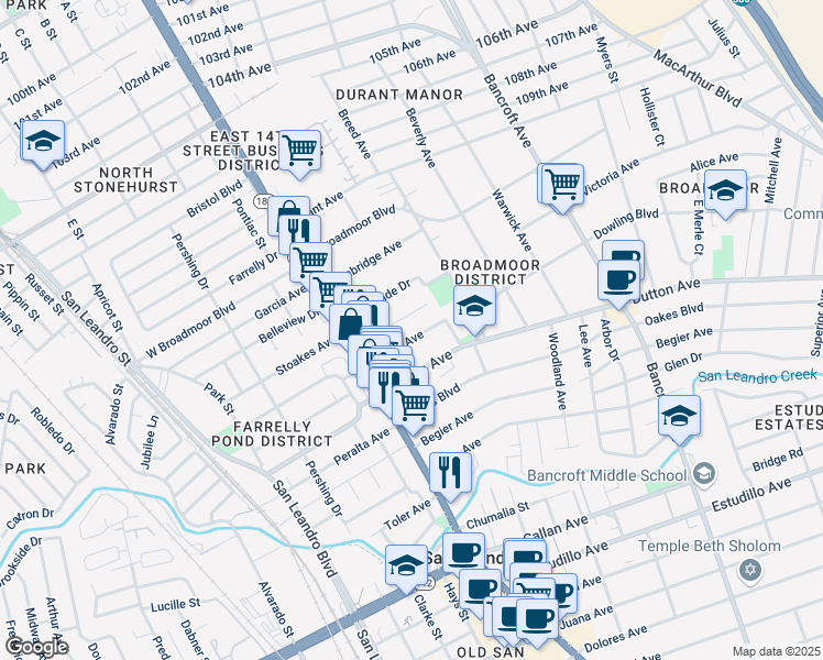 map of restaurants, bars, coffee shops, grocery stores, and more near 118 Euclid Avenue in San Leandro