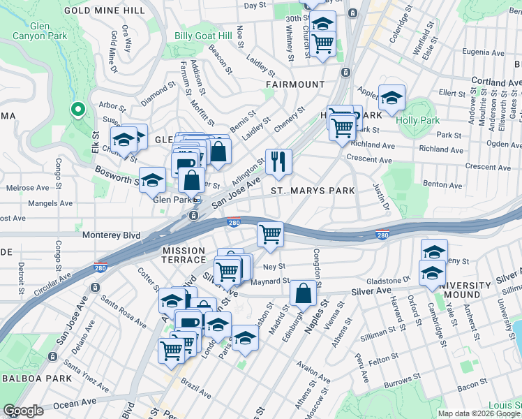 map of restaurants, bars, coffee shops, grocery stores, and more near 137 Rousseau Street in San Francisco