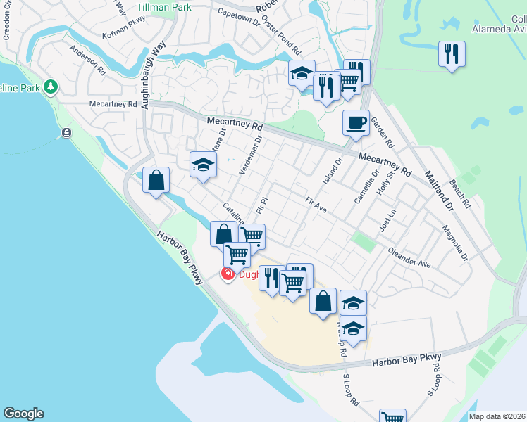 map of restaurants, bars, coffee shops, grocery stores, and more near 3150 Phoenix Lane in Alameda