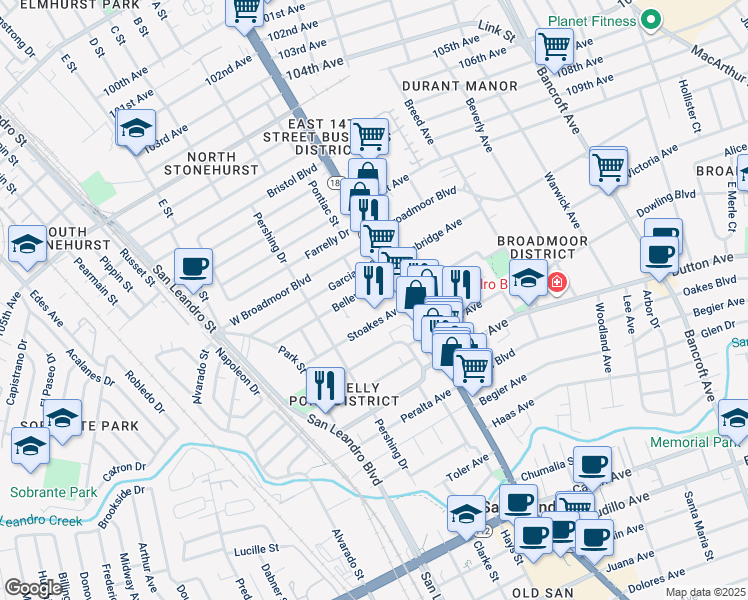 map of restaurants, bars, coffee shops, grocery stores, and more near 182 Stoakes Avenue in San Leandro