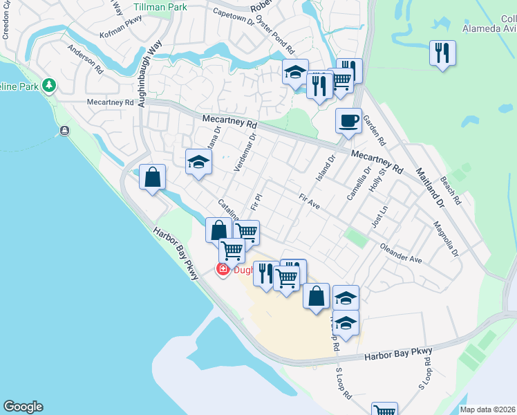 map of restaurants, bars, coffee shops, grocery stores, and more near 3150 Phoenix Lane in Alameda