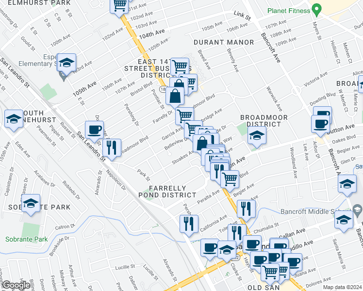 map of restaurants, bars, coffee shops, grocery stores, and more near 182 Stoakes Avenue in San Leandro