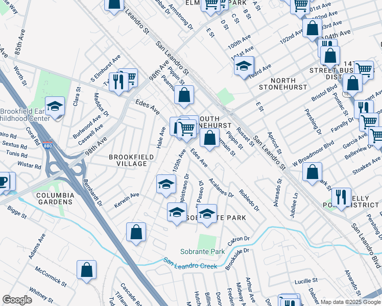 map of restaurants, bars, coffee shops, grocery stores, and more near 10546 Acalanes Drive in Oakland