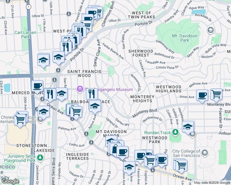 map of restaurants, bars, coffee shops, grocery stores, and more near 180 San Felipe Avenue in San Francisco