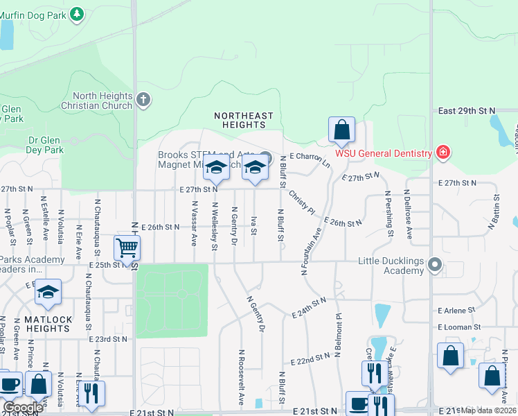 map of restaurants, bars, coffee shops, grocery stores, and more near 2716 Iva Street in Wichita