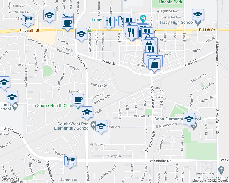 map of restaurants, bars, coffee shops, grocery stores, and more near 349 Burlington Drive in Tracy