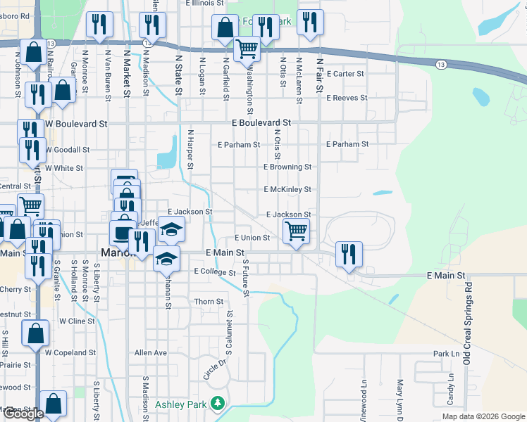 map of restaurants, bars, coffee shops, grocery stores, and more near 801-899 East Jackson Street in Marion