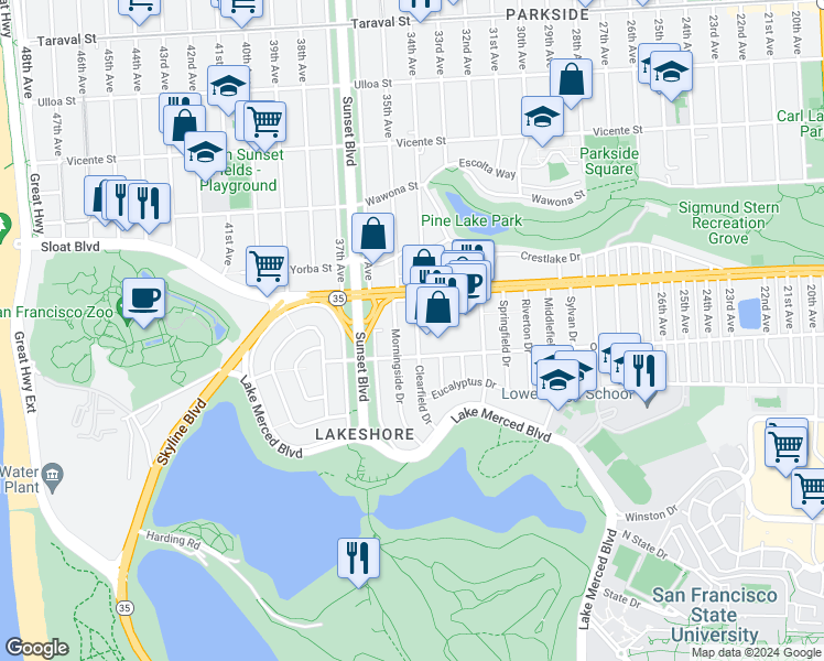 map of restaurants, bars, coffee shops, grocery stores, and more near 57 Clearfield Drive in San Francisco