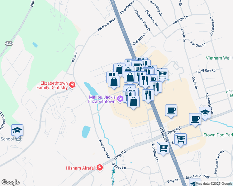 map of restaurants, bars, coffee shops, grocery stores, and more near Towne Drive in Elizabethtown