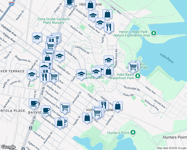map of restaurants, bars, coffee shops, grocery stores, and more near 1298 La Salle Ave in San Francisco
