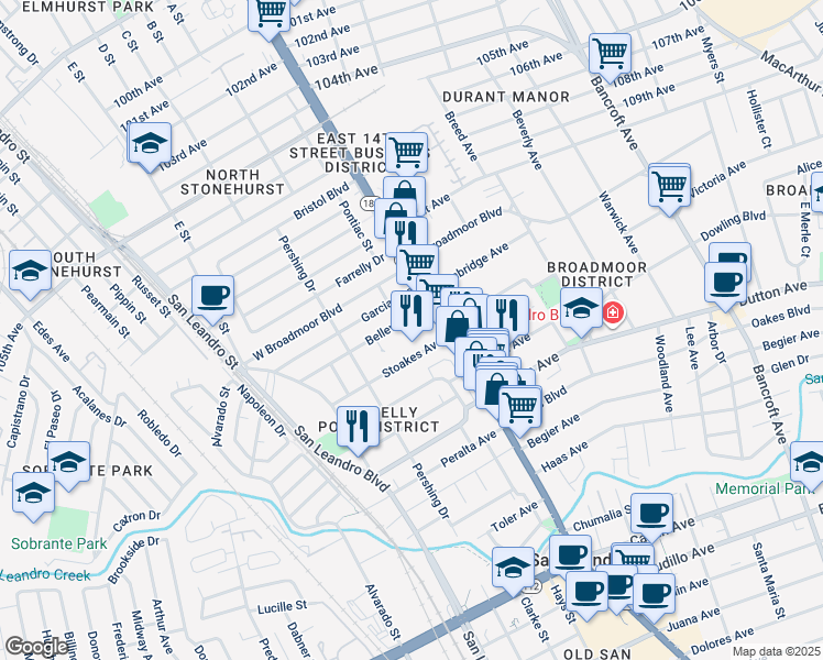 map of restaurants, bars, coffee shops, grocery stores, and more near 350 Lafayette Avenue in San Leandro