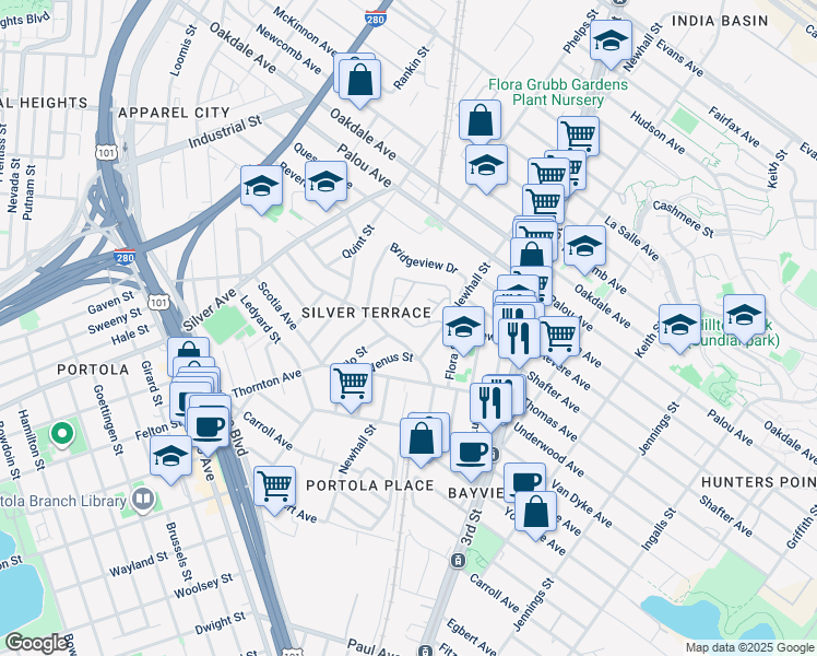 map of restaurants, bars, coffee shops, grocery stores, and more near 1860 Newhall Street in San Francisco